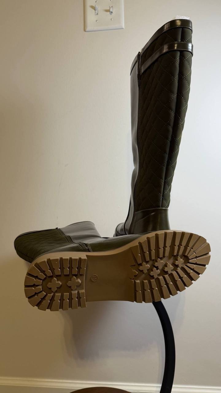 Journee Zemmie Boots 11M Olive PU Knee‑High Lug Sole Almond Toe NIB msrp$128