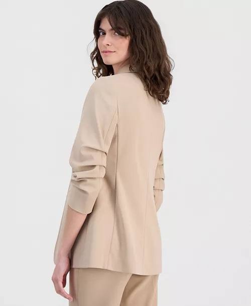 Anne Klein Stretch Crepe Scrunch‑Sleeve Open‑Front Blazer Latte S NWT $139