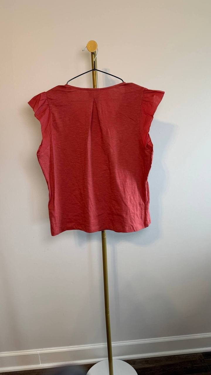 Democracy Petite Embroidered Cotton Flutter‑Sleeve Top Passion Fruit PL NWT $68
