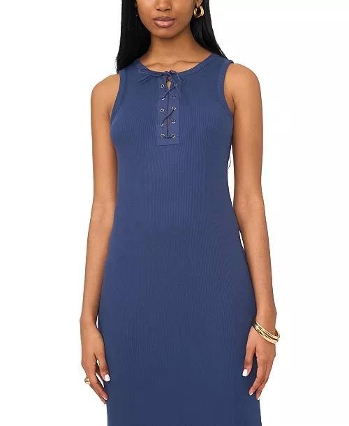 1.STATE Dress XL Blue Cotton Lace-Up Bodycon Sleeveless Midi Pullover NWT