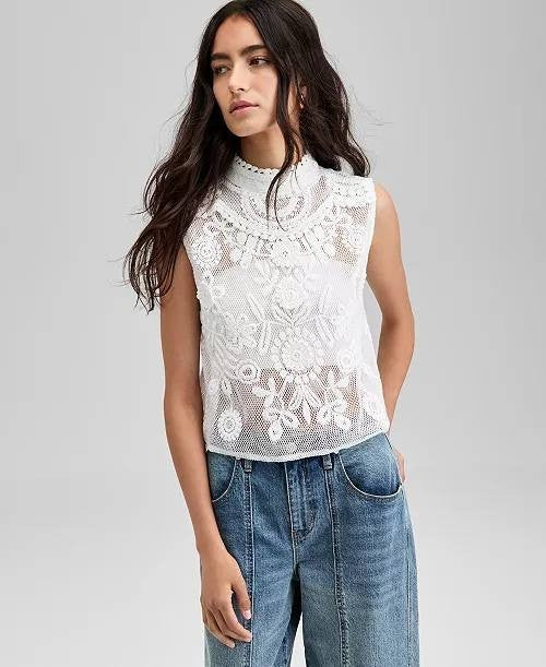 And Now This Cotton Floral-Appliqué Sleeveless Top PM White NWT $49.50