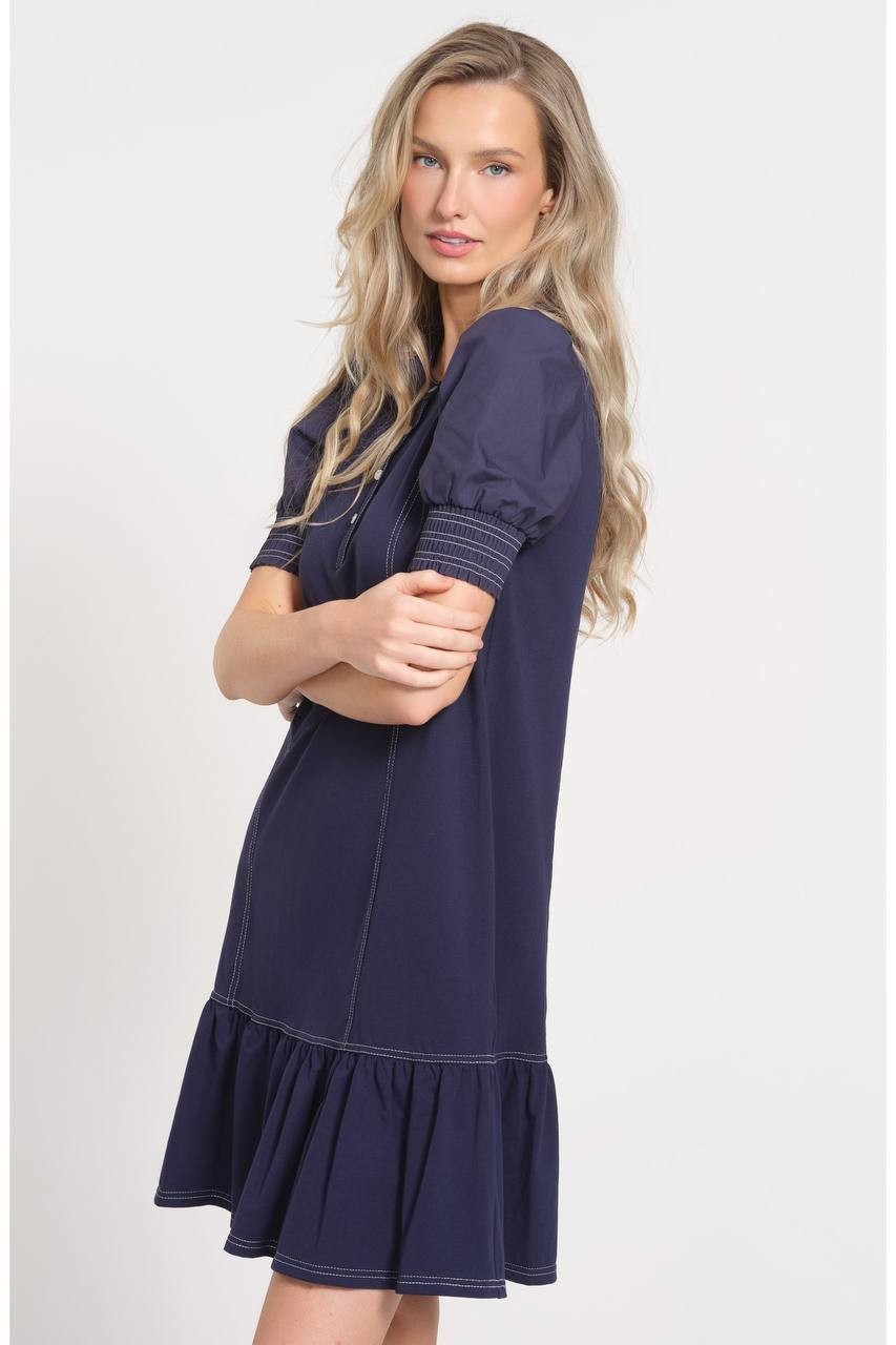 Isaac Mizrahi Top Stitch Drop Waist Stretch Cotton Dress Navy M NWT $128