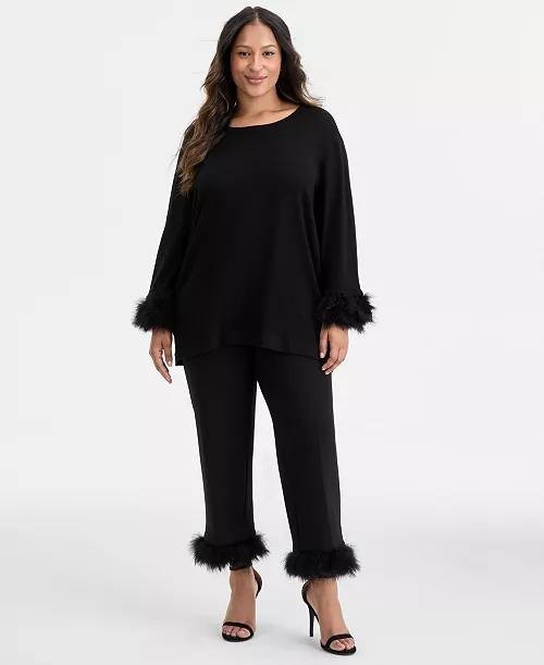 Anne Klein Crewneck Feather‑Trim Cuff Sweater Black L NWT $129