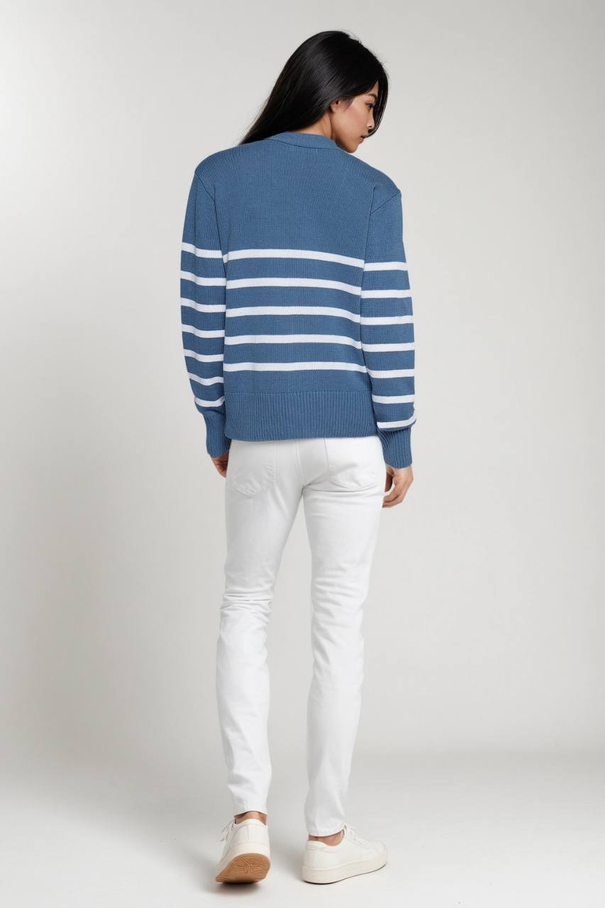 Three Dots Women’s Mackenzie Knit Button Cardigan China Blue Stripe M $49 NWT