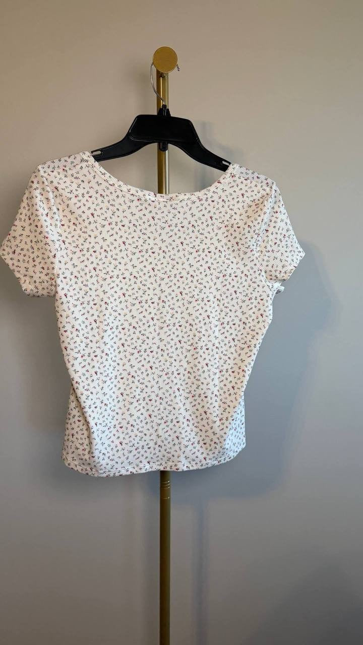 Just Polly Cotton Pointelle Henley Tee Ivory/Pink XL NWT $22