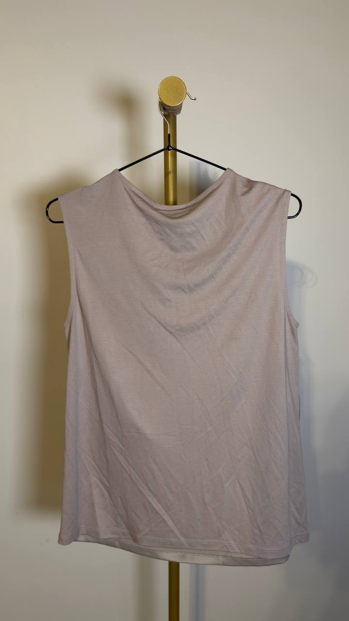 Anne Klein Drape Front Asymmetrical Shoulder Sleeveless Blouse Porcini S NWT $59