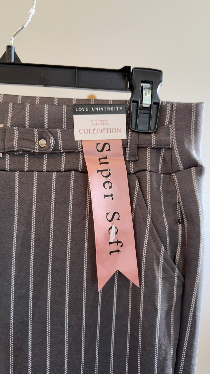 Love University Super Soft Belted Wide‑Leg Pants White/Grey Stripes L NWT $59