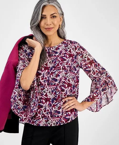 Kasper Flutter‑Sleeve Abstract‑Print Top Cerise Multi L NWT $69