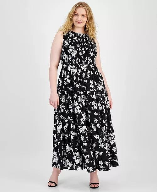 Anne Klein Dress XL Black White Floral Smocked Bodice Sleeveless Maxi NWT