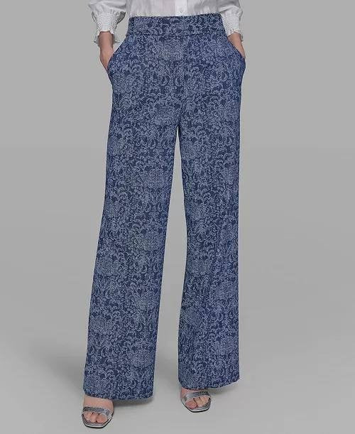 Karl Lagerfeld Paris Printed Wide‑Leg Denim Pants Medium Wash 8 NWT $139