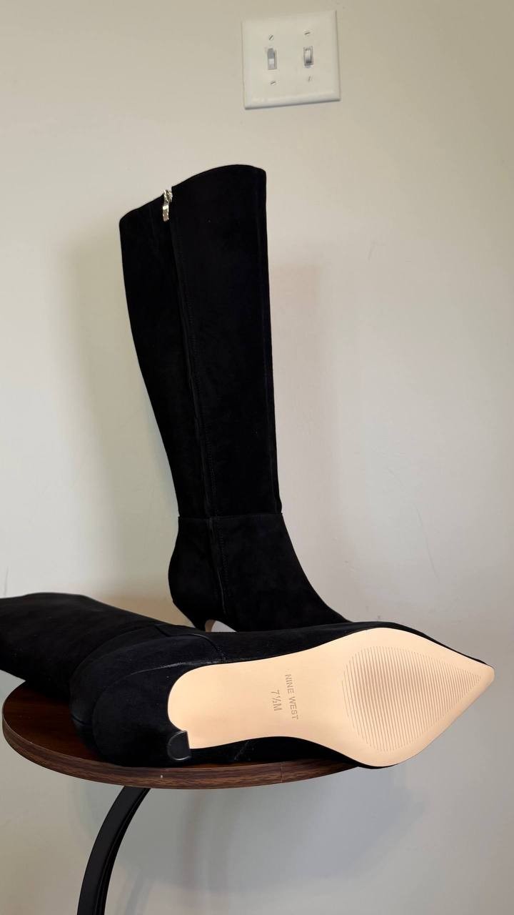 Nine West Tall Kitten Heel Boots 7.5M Black Suede New in Box MSRP $249
