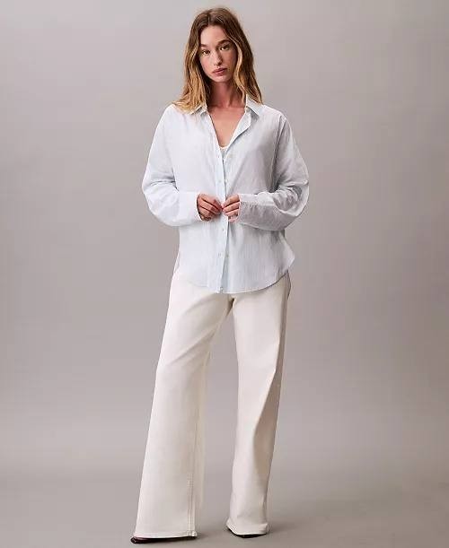 Calvin Klein Long Sleeve Striped Button‑Down Shirt White Print M NWT $109