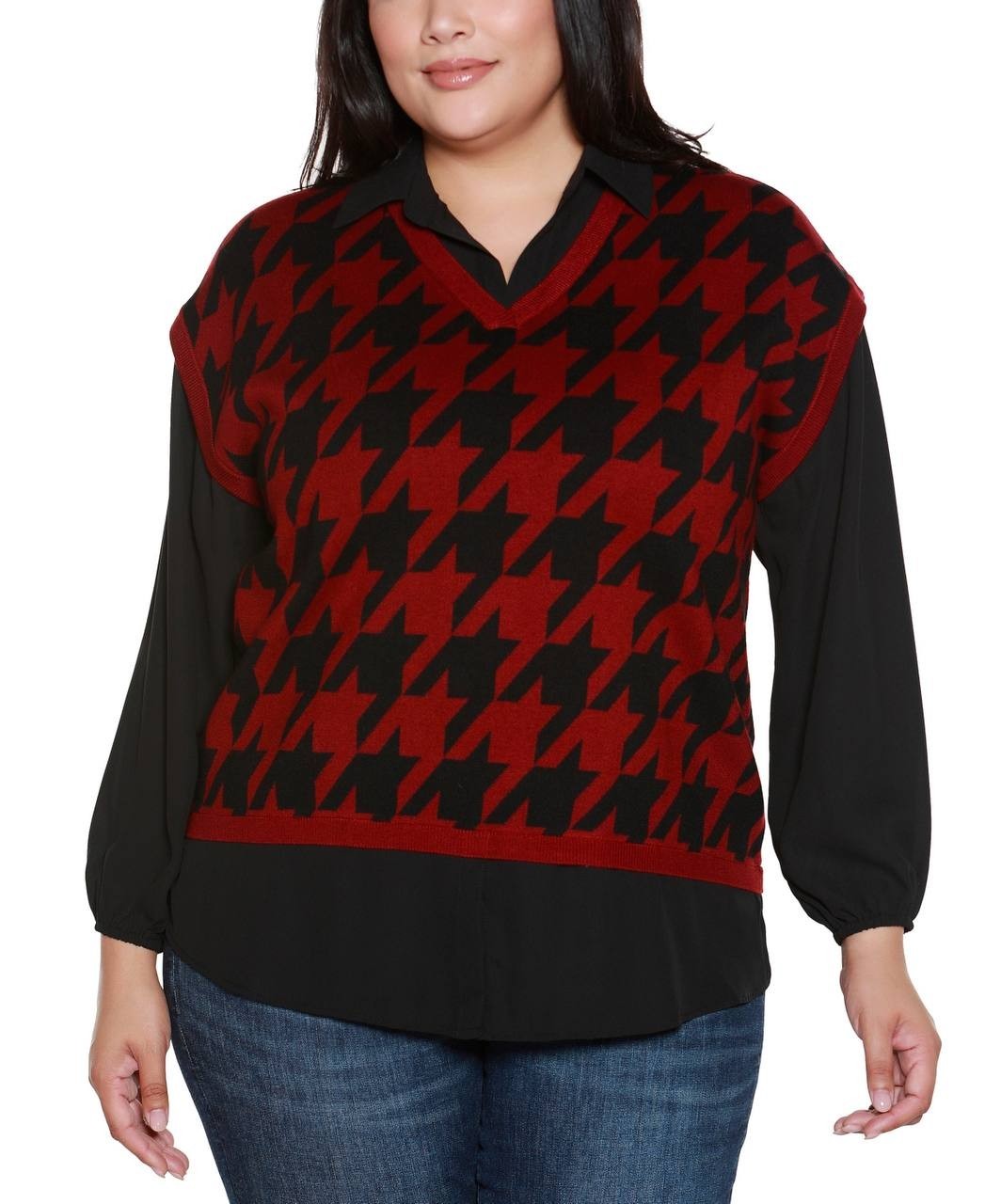 Belldini Houndstooth Two‑Fer Sweater Black/Red Plus 1X NWT $64