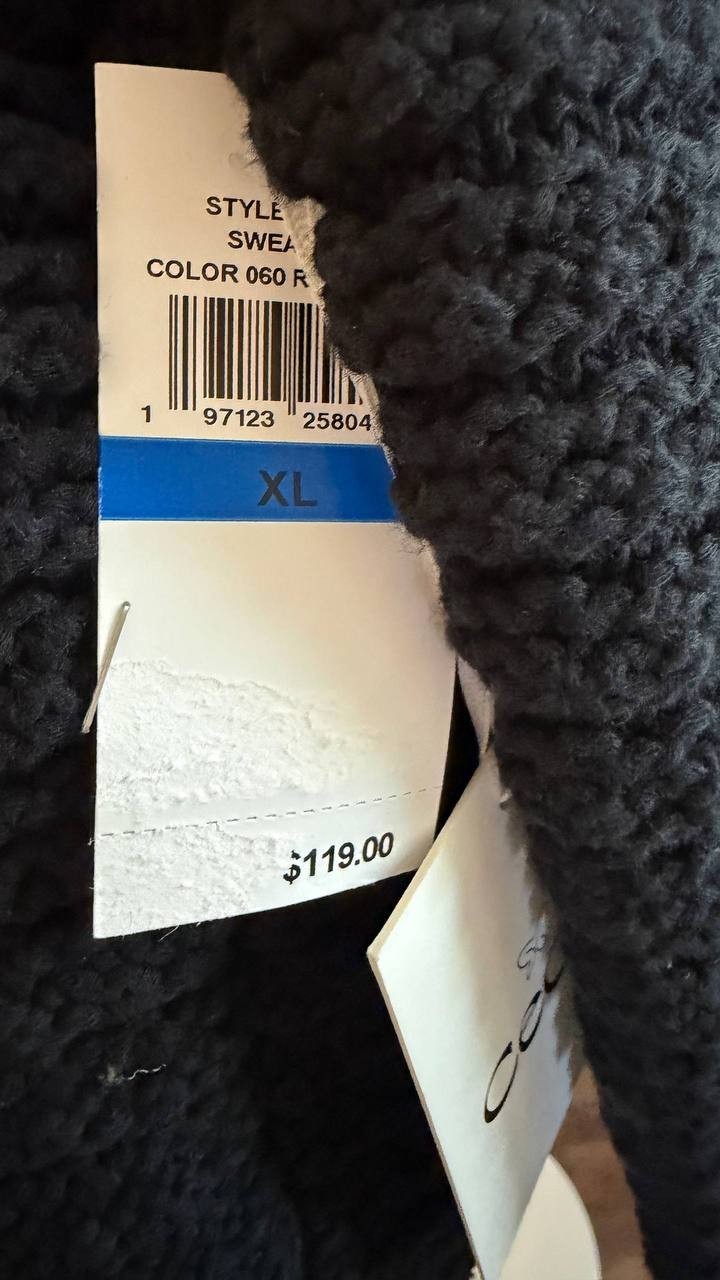 CeCe Texture Cardigan Black Crewneck Patch Pockets SizeXL NWT$119 button missing
