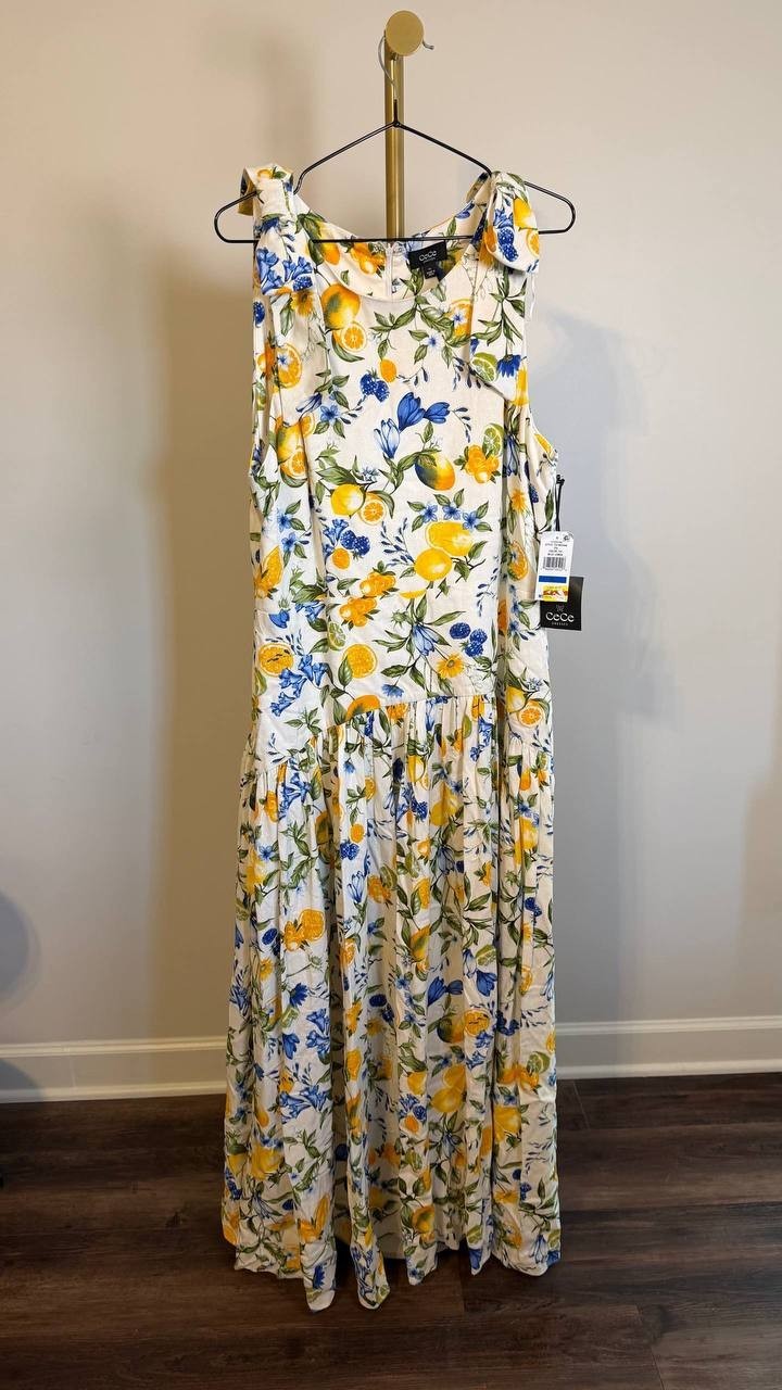 CeCe Floral Crewneck Bow-Strap High-Low Dress Lemon Print XL $129 NWT