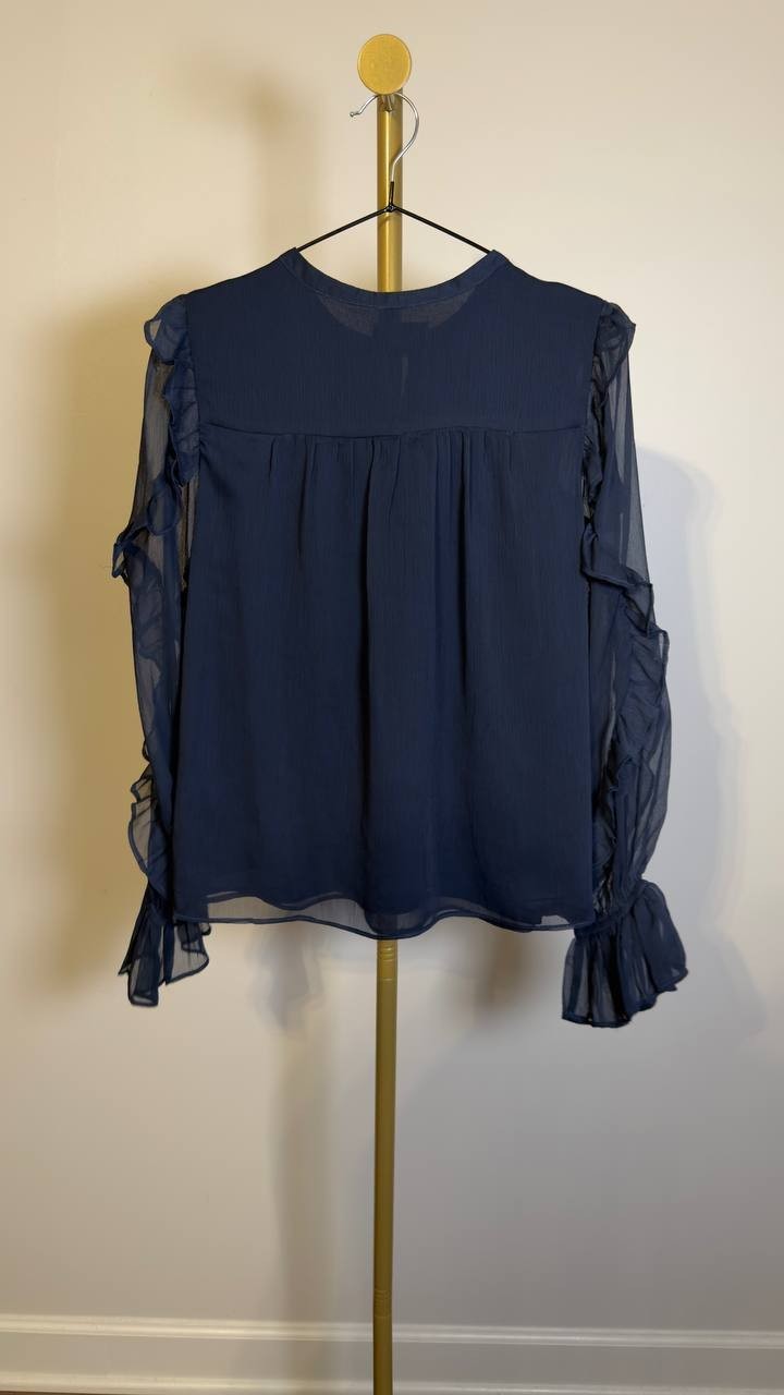 1.STATE Tie‑Neck Ruffled Sheer‑Sleeve Blouse Indigo Night XS NWT $79