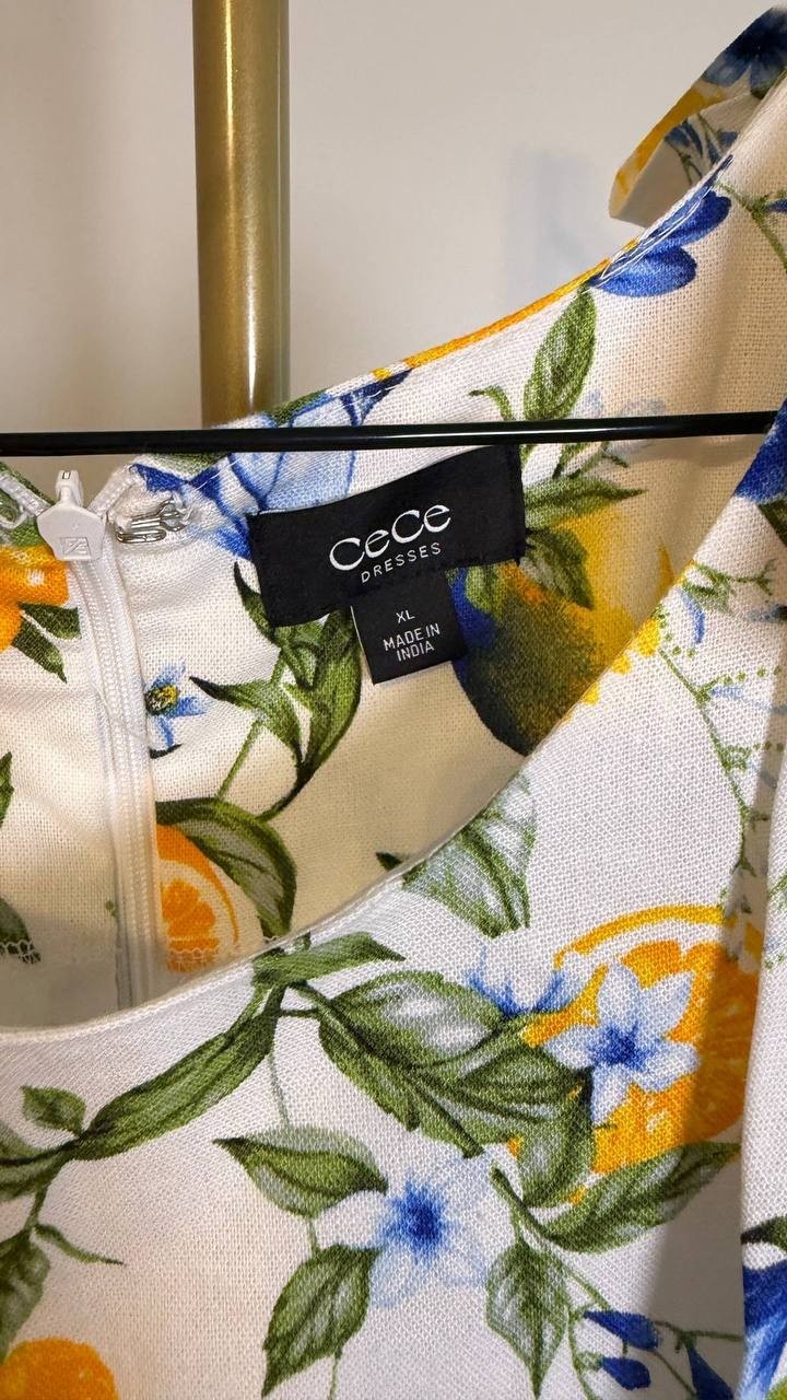 CeCe Floral Crewneck Bow-Strap High-Low Dress Lemon Print XL $129 NWT