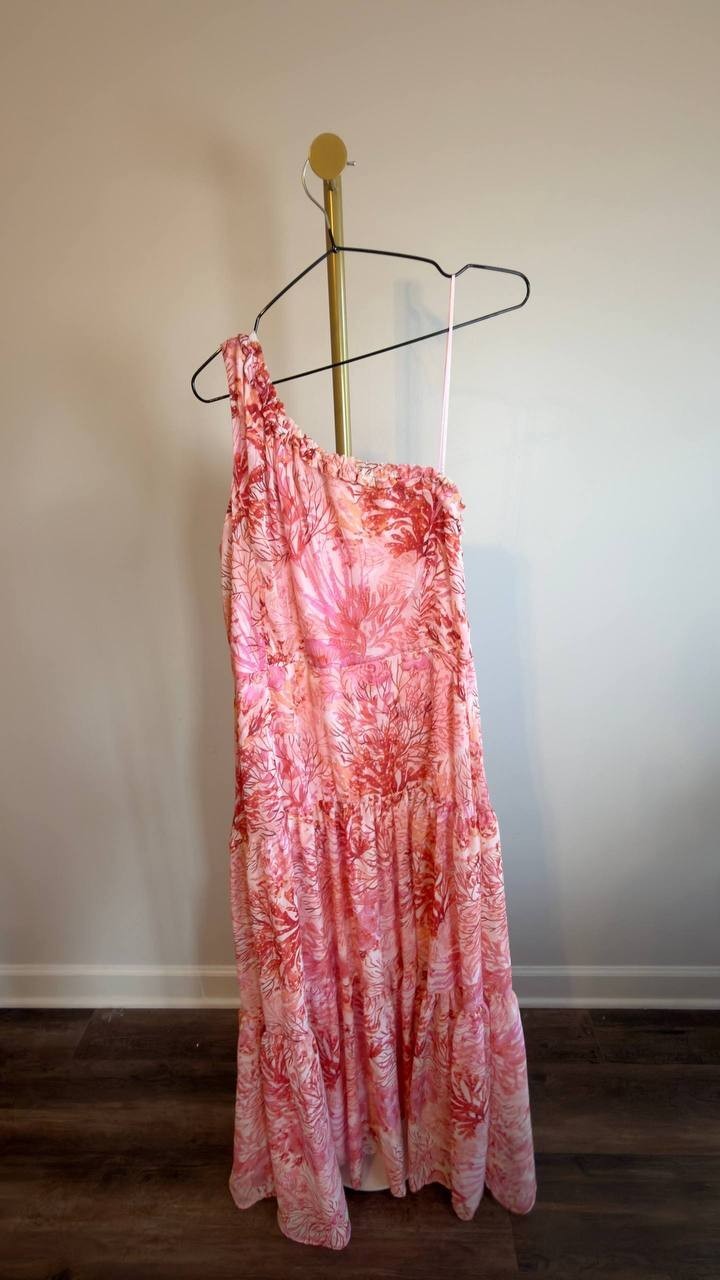 Taylor Ruffled One‑Shoulder Chiffon Maxi Dress Red Multi 14 NWOT $138