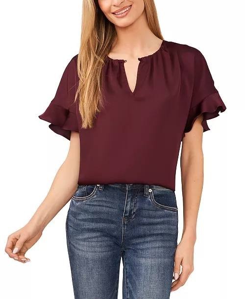 CeCe Flutter Sleeve Blouse Rich Cabernet XL New with Tags NWT Button Front