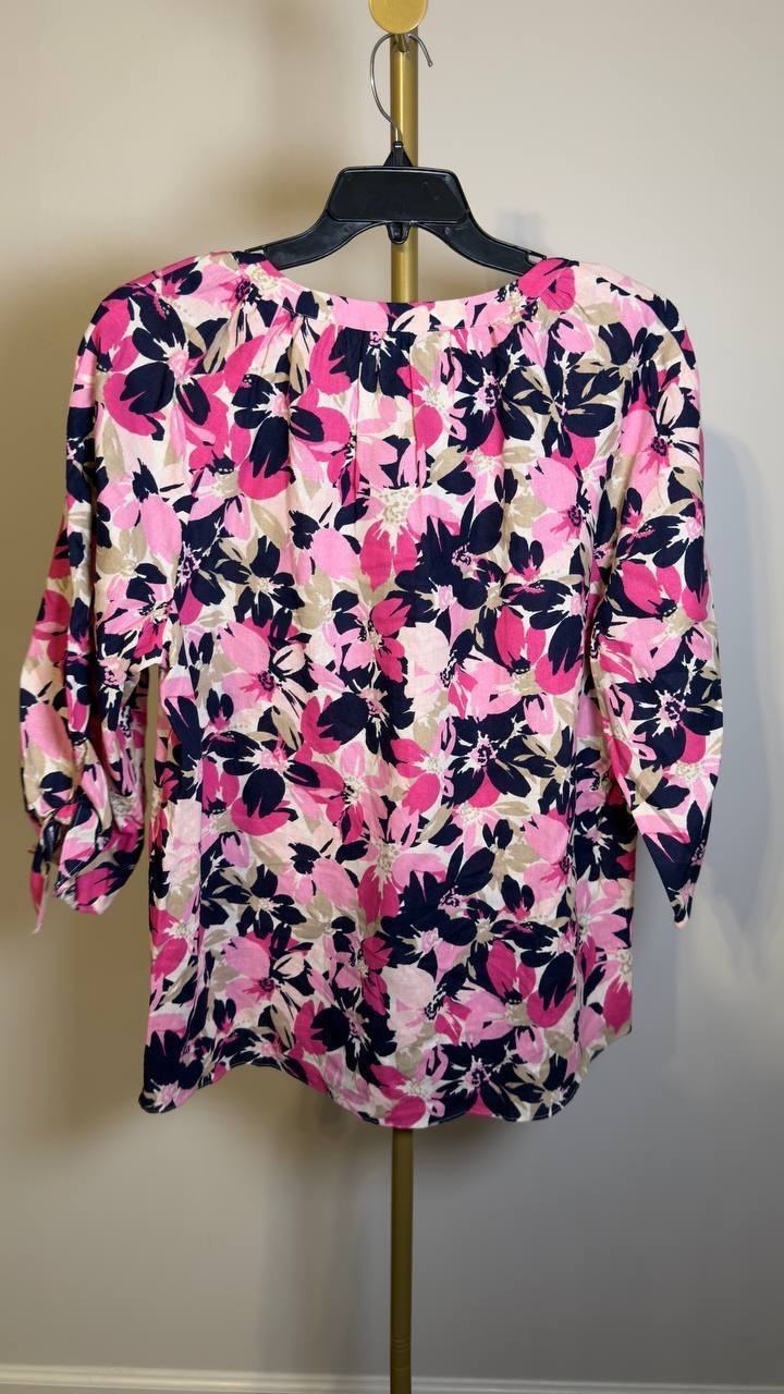 Jones New York Tie‑Sleeve Printed Split‑Neck Blouse White Multi XL NWT $69.50