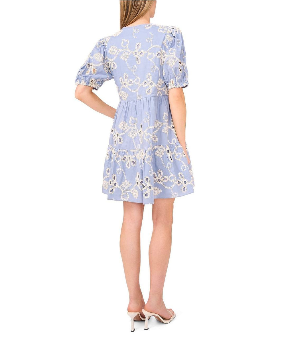 CeCe Floral‑Embroidered V‑Neck Puff‑Sleeve Tiered A‑Line Dress – Size M–NWT–$119