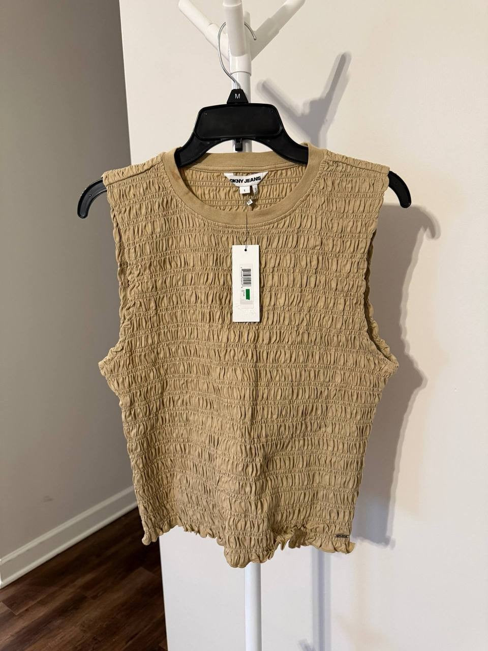 DKNY Jeans Textured Sleeveless Ruffle‑Hem Top – Beige – Size L – NWT – $69.50