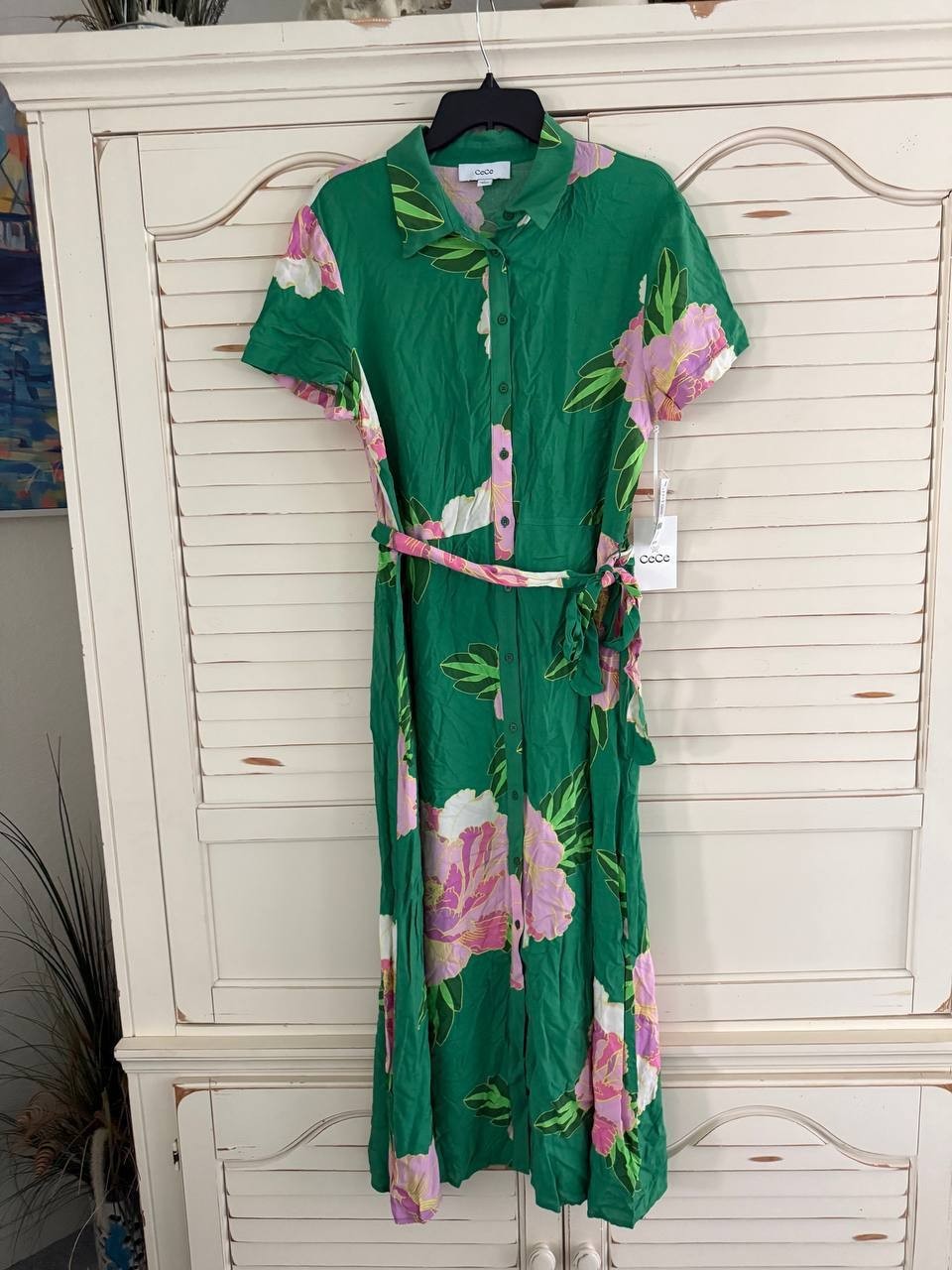 CeCe Garden Floral Button-Front Midi Shirtdress – Size L