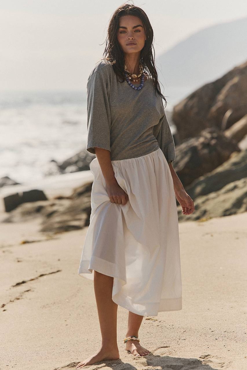 Free People Sunlit Chic Midi Dress White M Cotton Jersey Poplin Pockets