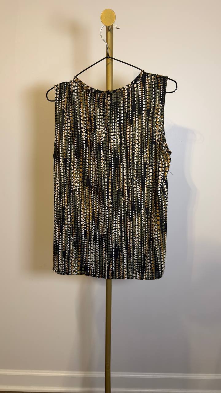 Anne Klein Round Neck Sleeveless Pleated Top Olive Palm Multi M NWT $79