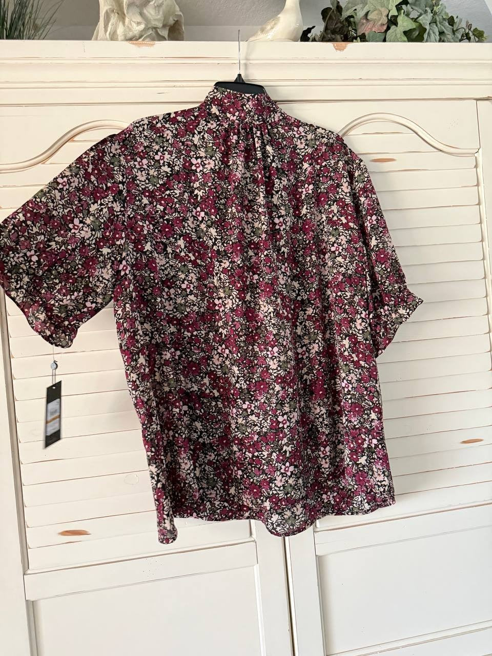 Jones NY Blouse 3X Bordeaux Multi Tie Neck Puff Sleeve Printed Plus Size NWT