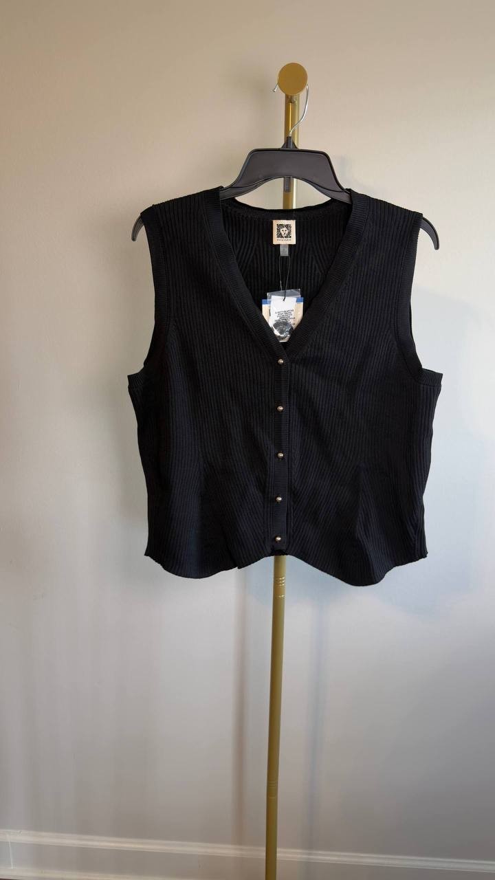 Anne Klein Ribbed V‑Neck Button‑Front Cardigan Black XL NWT $79