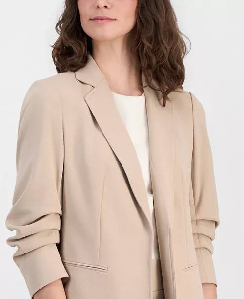 Anne Klein Stretch Crepe Scrunch‑Sleeve Open‑Front Blazer Latte S NWT $139