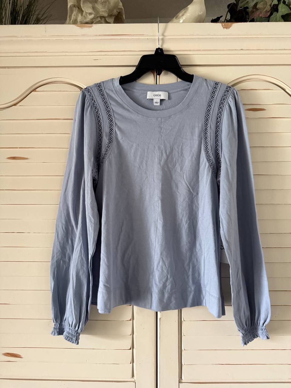 CeCe Dupraz Lace Inset Swing Top Slate Blue Cotton Blouse - Size S NWT