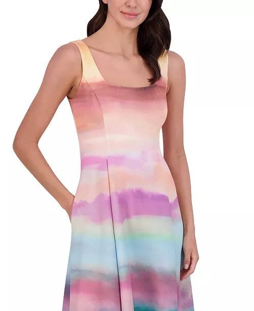 Vince Camuto Women’s Scoop‑Neck Fit & Flare Scuba Midi Dress Multi 16 $168 NWT