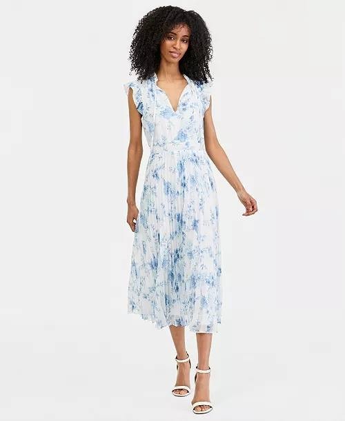 Anne Klein Pleated Flutter‑Sleeve Midi Dress Crisp White Multi 16 NWT $159