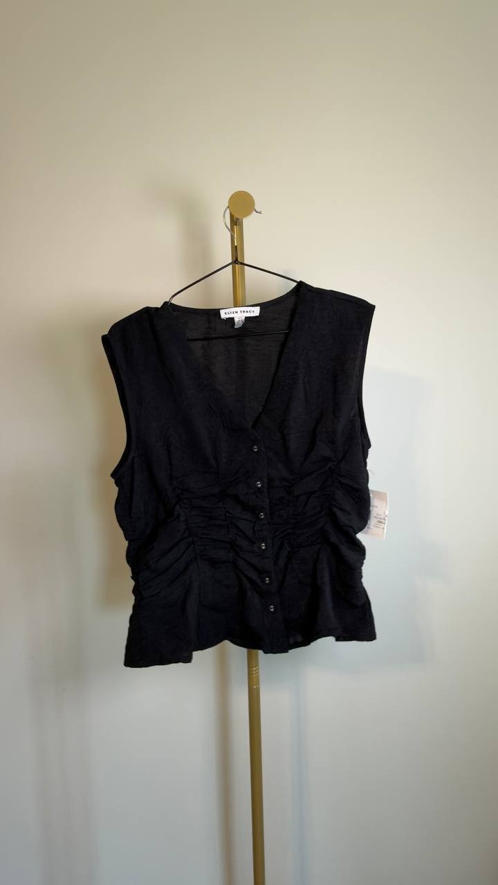 Ellen Tracy Sleeveless Ruched Button‑Front Top Black S NWT $79