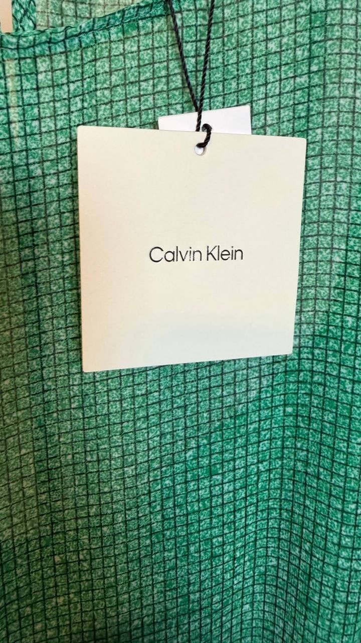 Calvin Klein Sleeveless Printed Chiffon Midi Dress Green L NWT $149