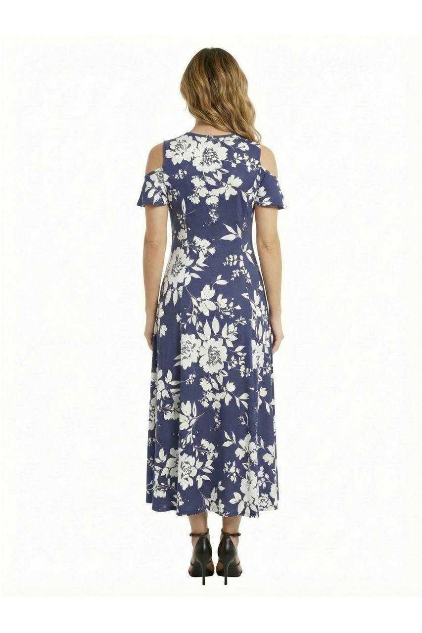 24Seven Comfort Apparel Cold Shoulder Maxi Dress Blue Multi XL NWT $117