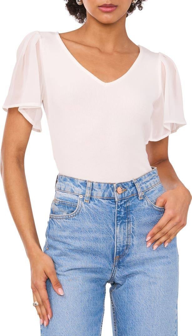 1.STATE Flutter Sleeve Rib Knit T-Shirt – Size L – NWT – Light Pink V-Neck