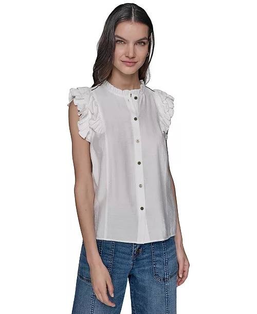 KARL LAGERFELD PARIS Ruffled-Sleeve Button-Front Blouse White Size L 2663