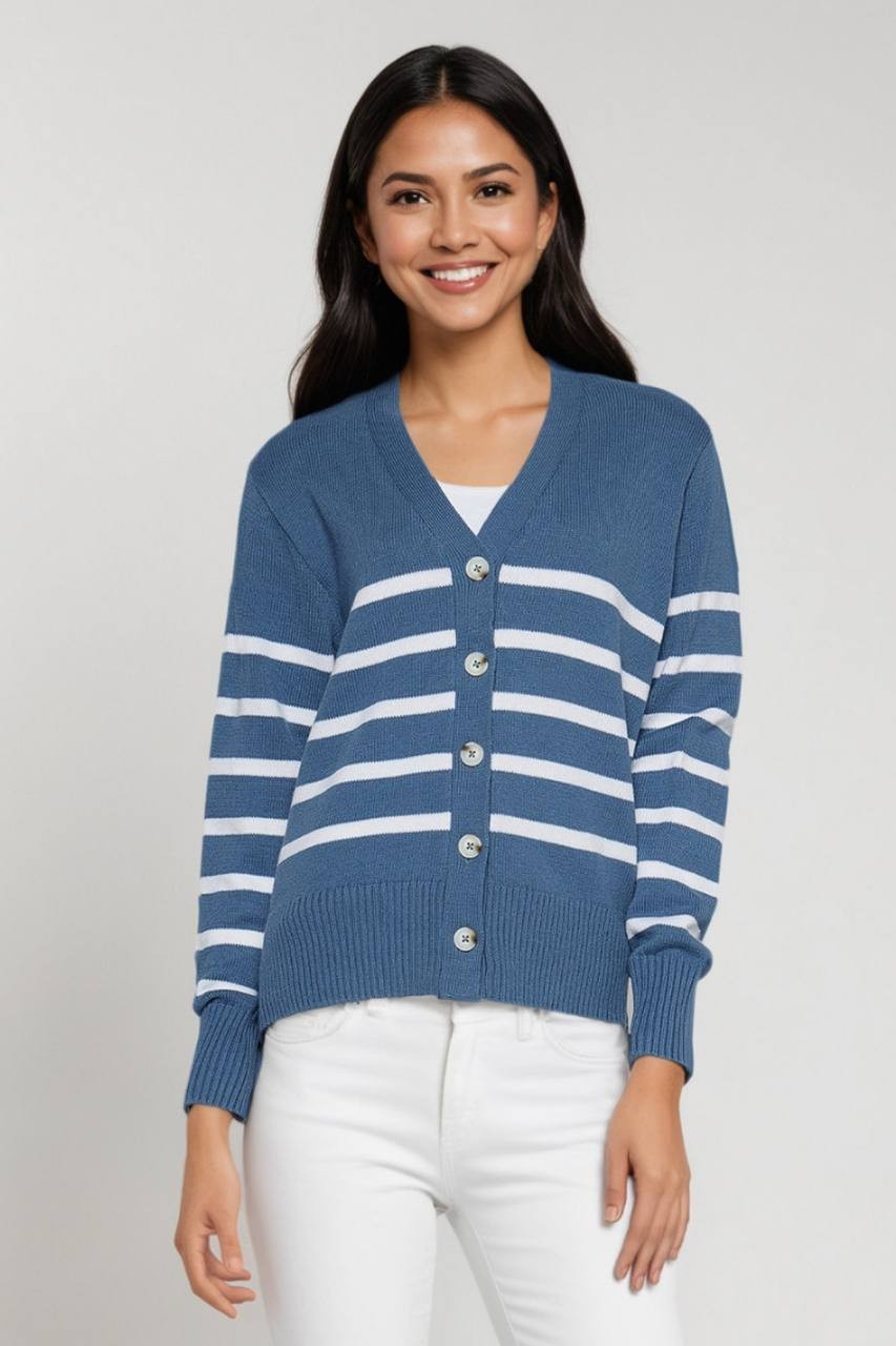 Three Dots Women’s Mackenzie Knit Button Cardigan China Blue Stripe M $49 NWT