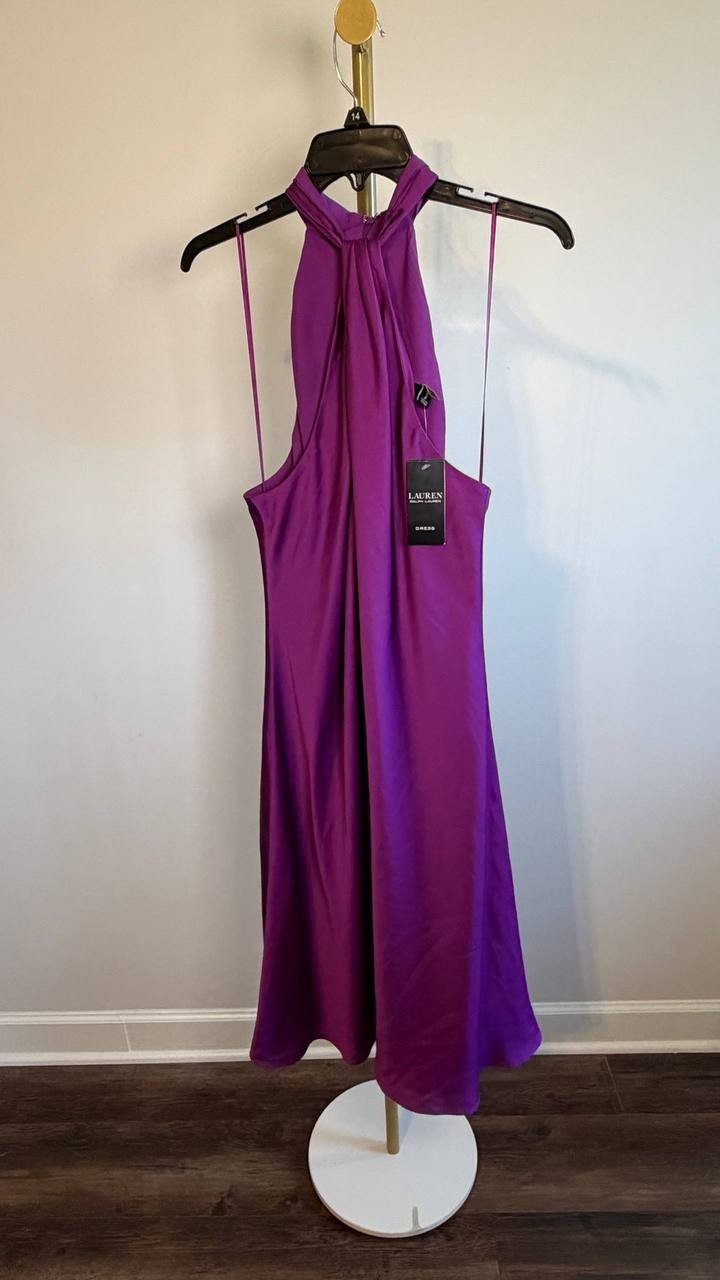 Lauren Ralph Lauren Charmeuse Halter Cocktail Dress Purple 12 NWT $265