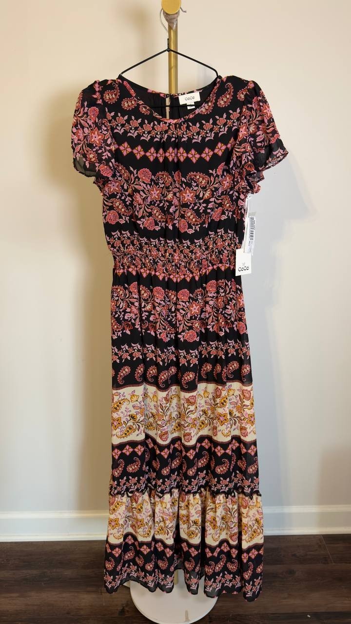 CeCe Short-Sleeve Printed Maxi Dress Rich Black M NWT $139