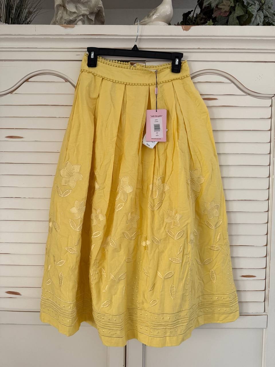 Avec Les Filles Embroidered Cotton Midi Skirt Yellow Floral Lace US 2