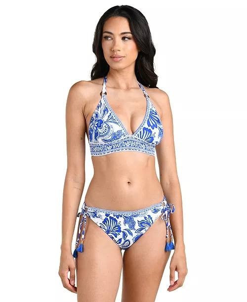 La Blanca Botanical Brocade Halter Bikini Swim Top Lapis 6 NWT $95