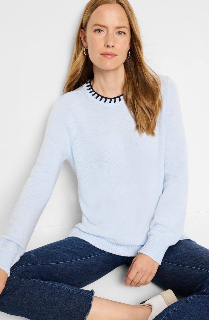 NIC+ZOE Women’s Blanket Stitch Cotton‑Blend Sweater Blue Glow XXL $158 NWT