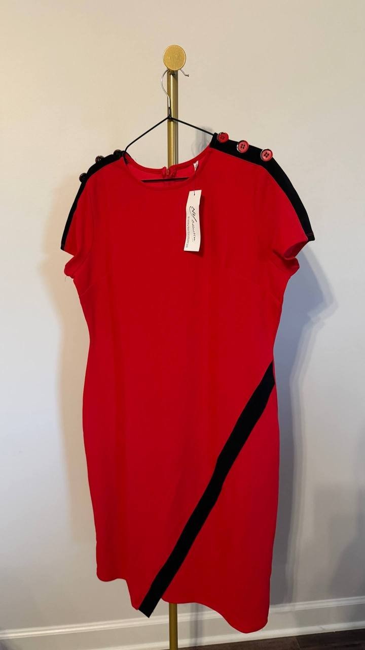 NY Collection Petite Asymmetrical Hem Dress Fire Red Black PXL $52 NWT