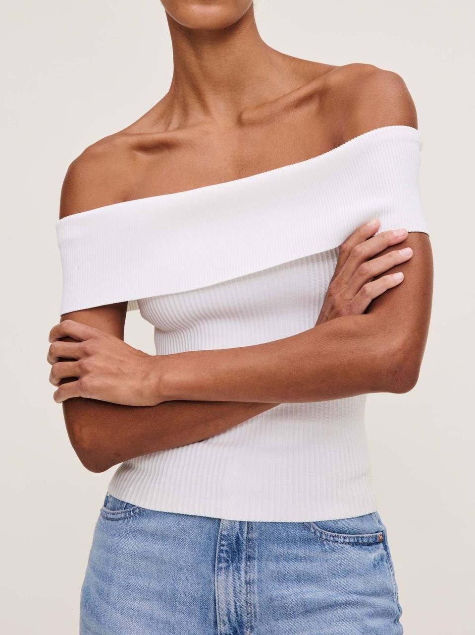 DL1961 Off-Shoulder Ribbed Sculpting Top White S Instasculpt Stretch Knit