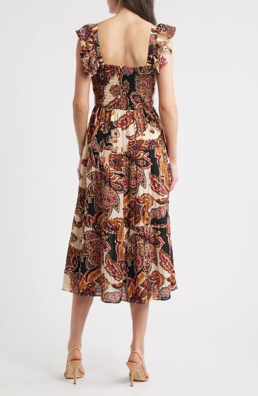 Vince Camuto Paisley Tiered Midi Sundress Brown Mult M $108 NWT