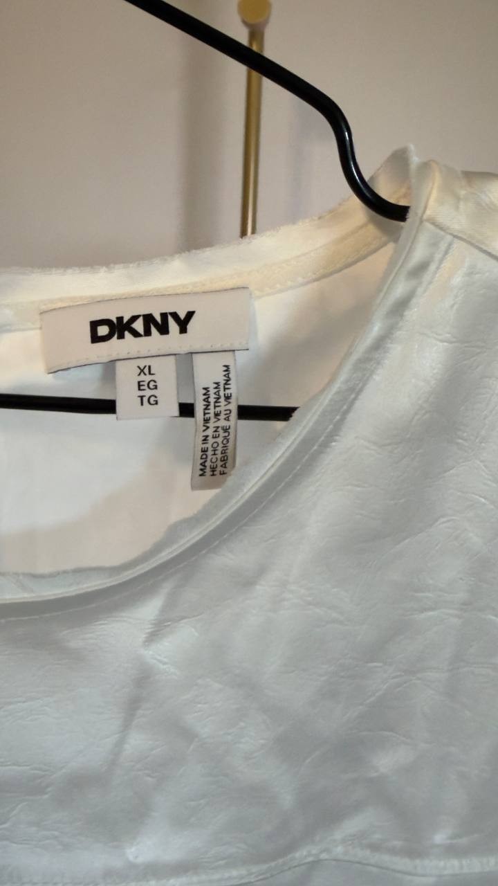DKNY Crackle Woven Crewneck Short Sleeve Blouse Ivory XL NWT $79